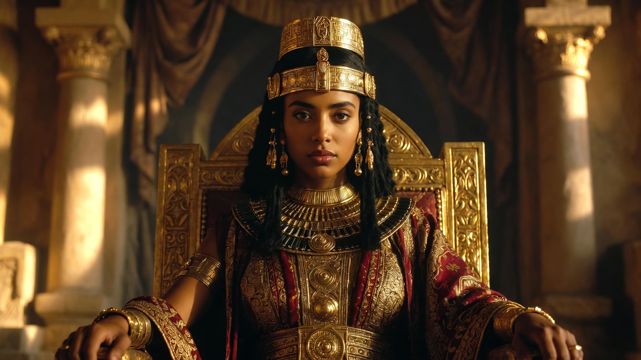 Regal Cleopatra on her throne showcasing political power and agency in Shakespeare's Antony and Cleopatra