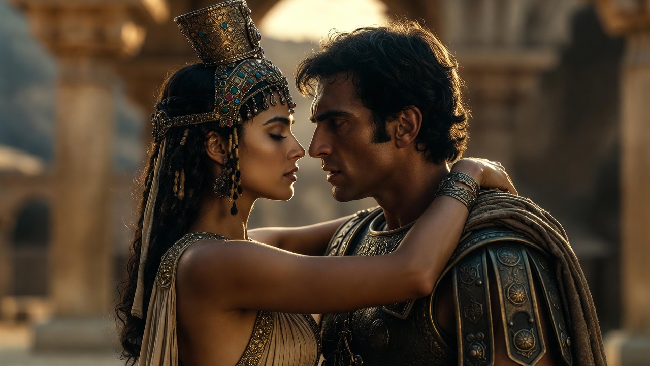 Cleopatra and Antony in a passionate embrace highlighting love versus duty theme in Shakespeare's tragedy