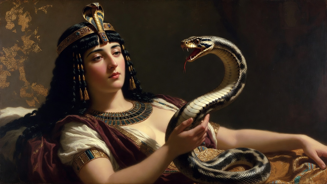 Cleopatra's tragic suicide scene with the asp in Shakespeare's Antony and Cleopatra, final act of regal defiance