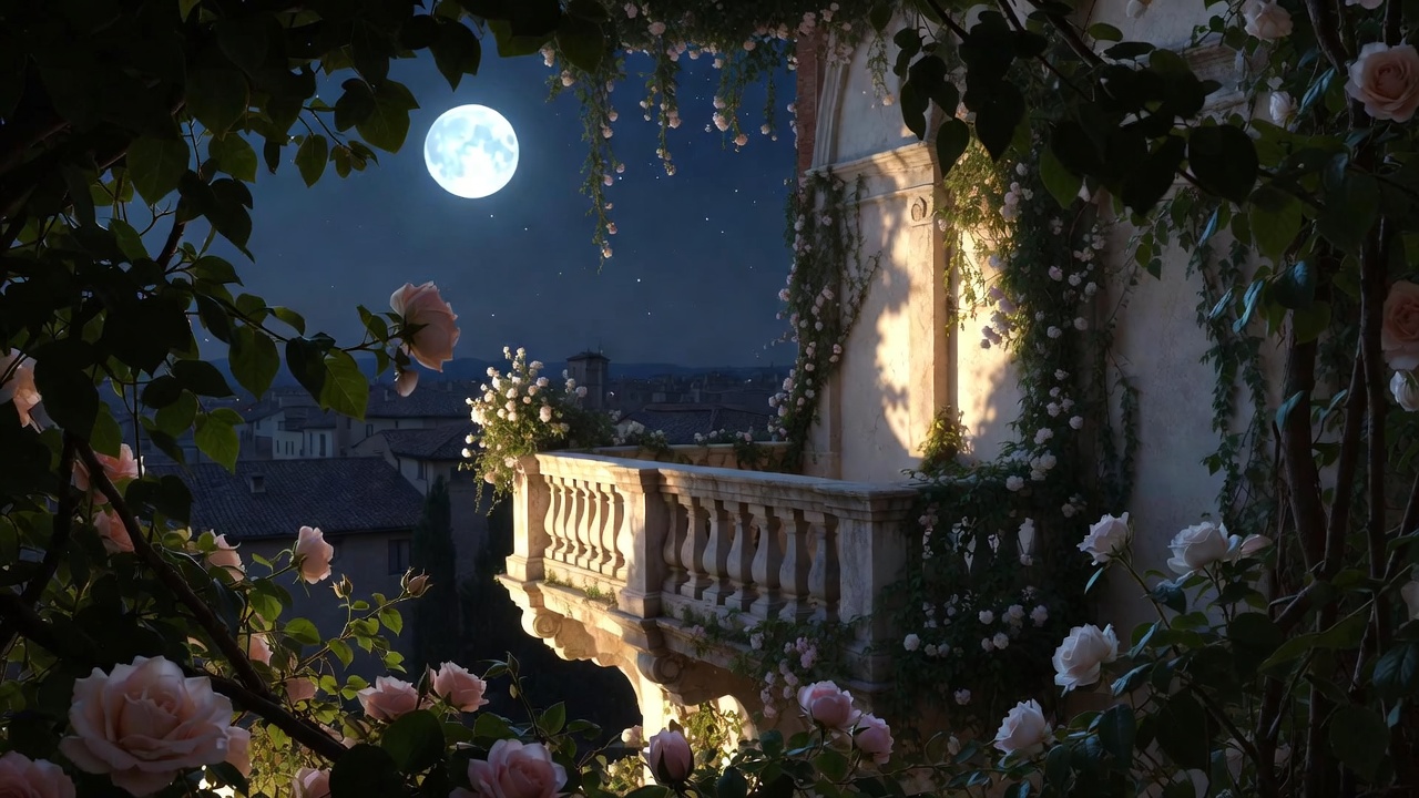 Iconic moonlit balcony from Romeo and Juliet evoking romantic Shakespearean language