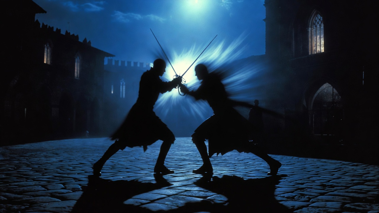 Dramatic rapier duel scene representing violence and feud words in Romeo and Juliet Act 3