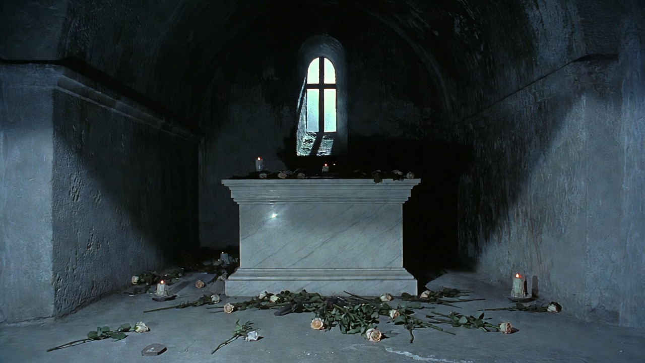 Tragic tomb and bier scene from Romeo and Juliet’s final act, evoking fate and death vocabulary