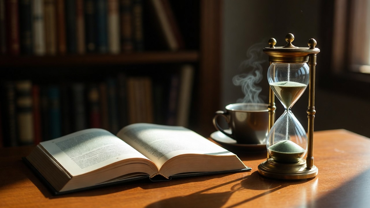 Open book and hourglass on desk symbolizing average reading speed and time to finish pages