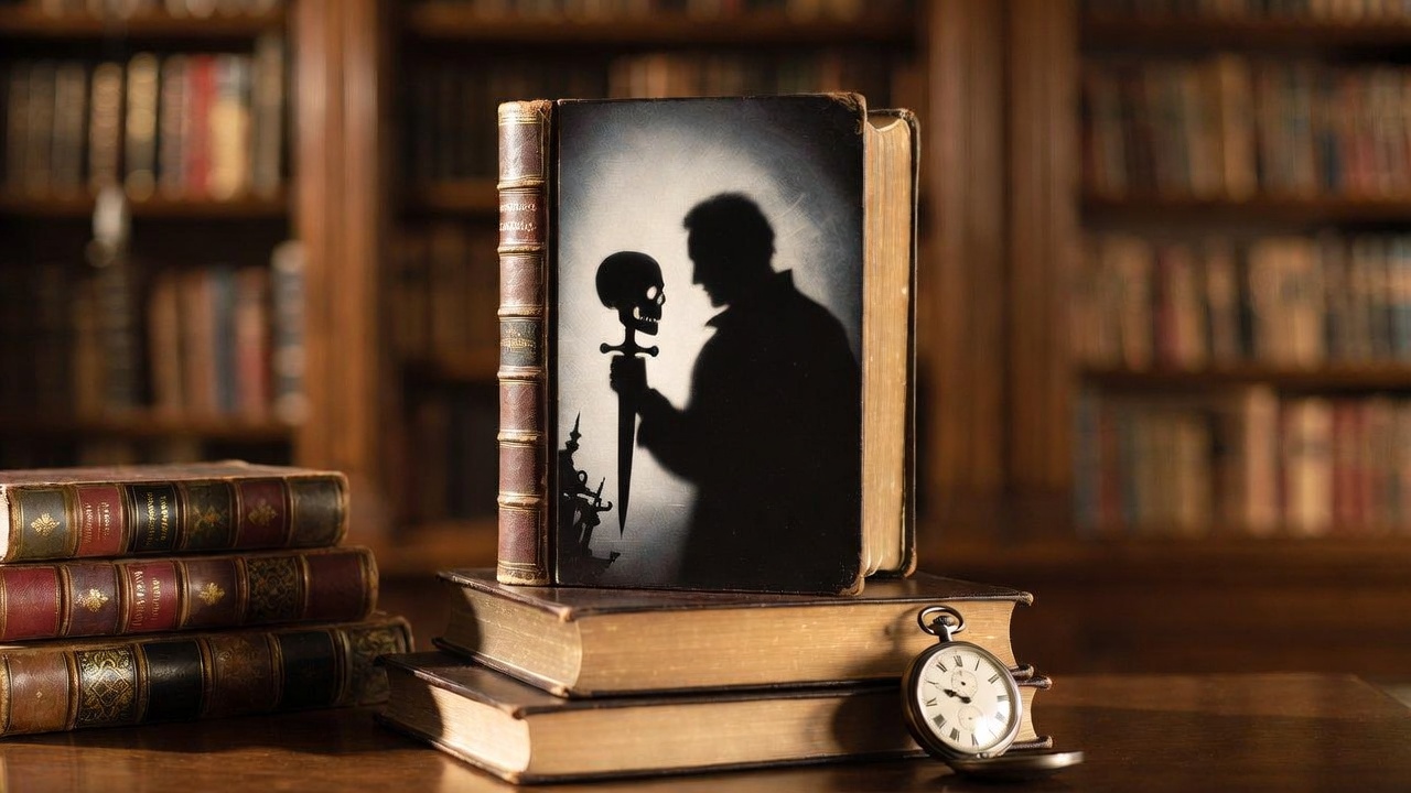 Stack of Shakespeare books with pocket watch representing estimated reading hours for plays like Hamlet and Macbeth