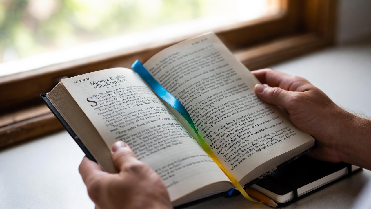 Hands reading side-by-side Shakespeare edition with modern translation to speed up comprehension