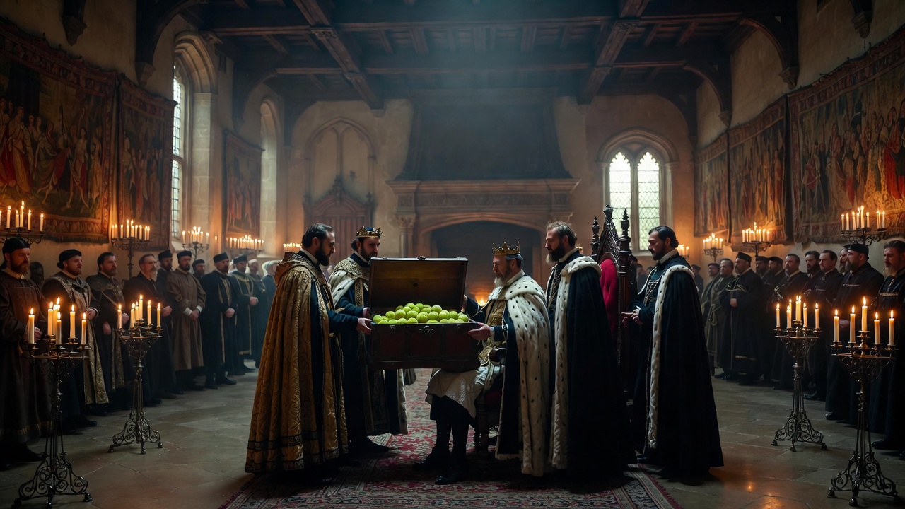 French ambassadors delivering tennis balls to King Henry V in Henry V play scene
