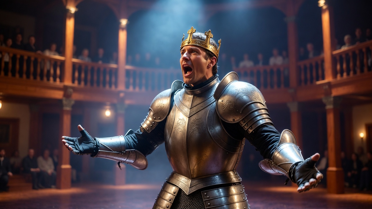 Actor performing Henry V gunstones speech on stage Shakespeare production