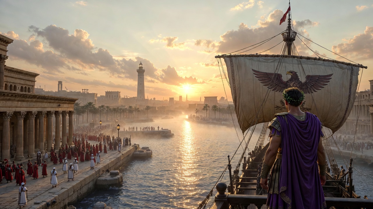 Historical scene of Julius Caesar arriving in Alexandria 48 BC for George Bernard Shaw’s Caesar and Cleopatra book context