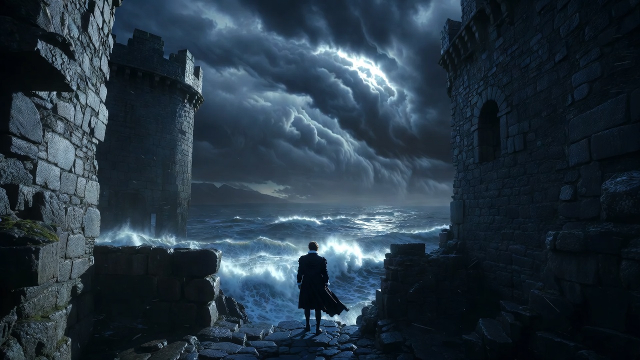 Elsinore Castle battlements at night illustrating the dramatic context of heaven up there and Hamlet soliloquy