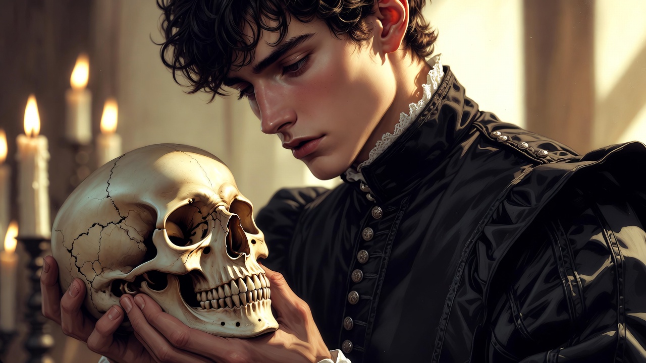 Hamlet holding Yorick skull symbolizing literary devices in heaven up there and Hamlet soliloquy analysis