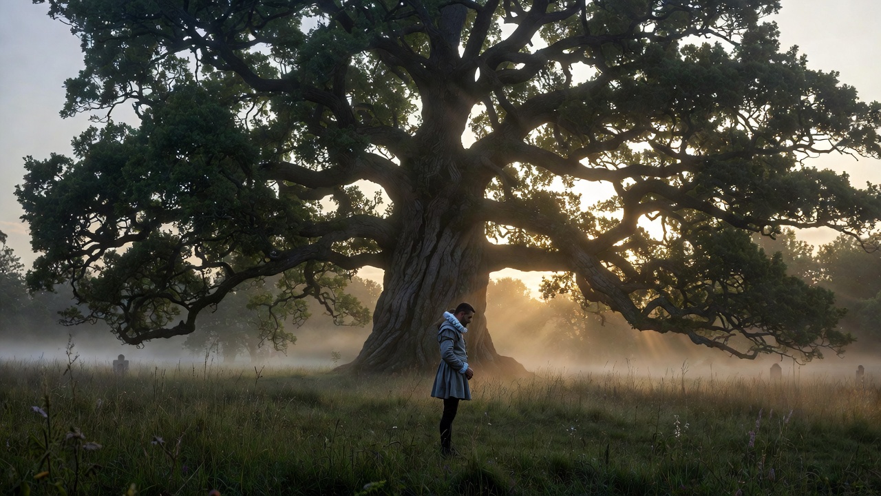 Ancient oak tree at twilight symbolizing Shakespeare’s themes of grief parting and eternal reunion in till we meet again poetry