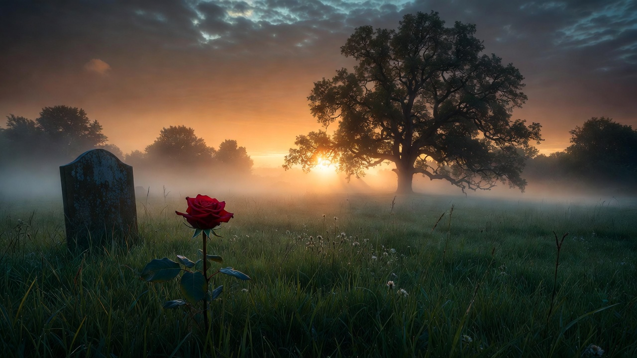 Shakespearean till we meet again poem visual with ancient oak meadow evening light and red rose on grave representing farewell and hope