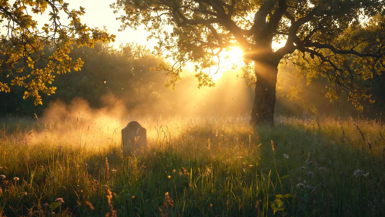 Shakespeare Cymbeline dirge imagery with golden meadow ancient oak and dust particles representing fear no more the heat o the sun in funeral poetry