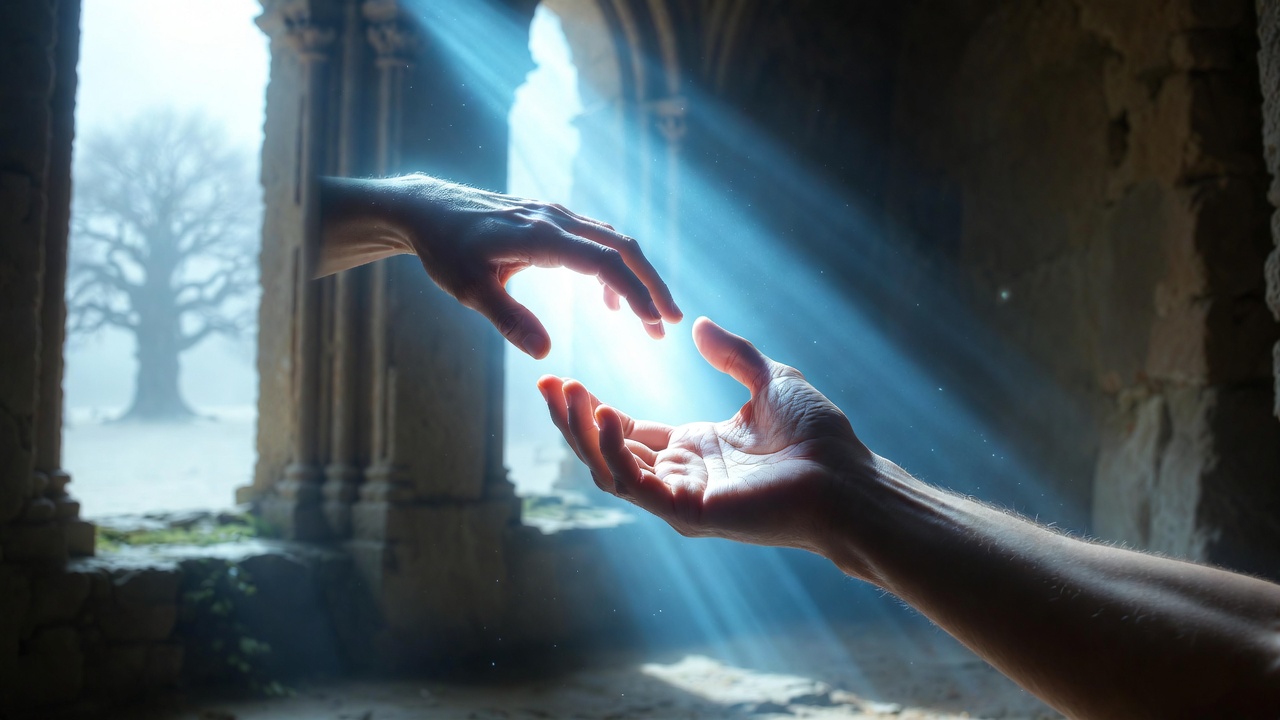 Winter’s Tale reunion scene Shakespeare visual with clasped hands in heavenly light and ancient oak symbolizing love beyond the grave