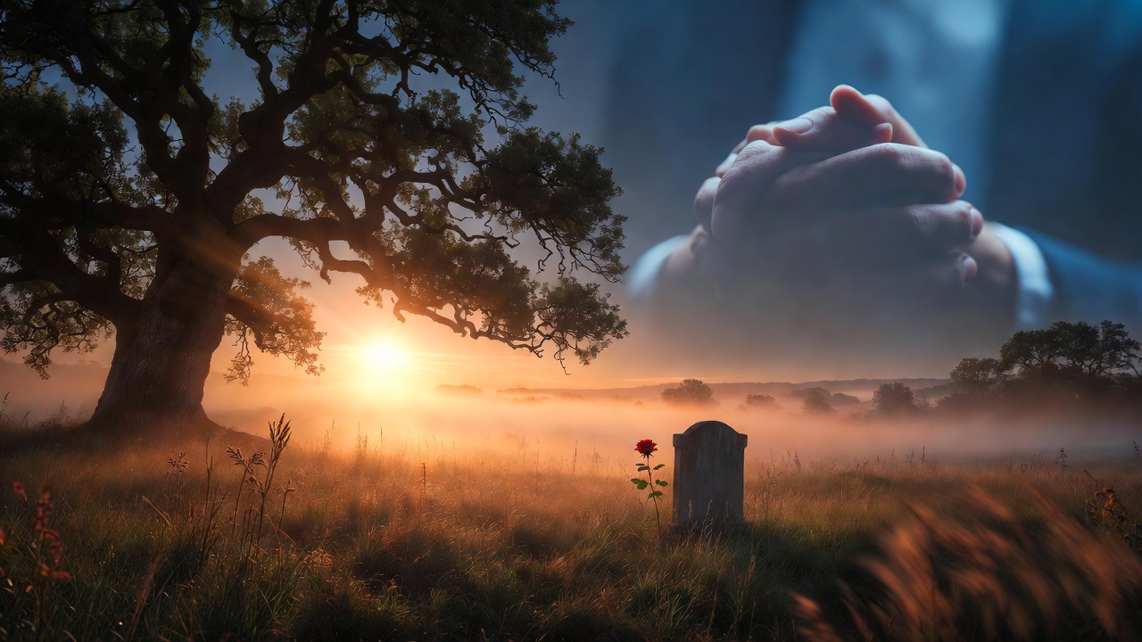 Shakespeare funeral poem memorial video slideshow visual with ancient oak red rose on grave and sunset symbolizing till we meet again hope