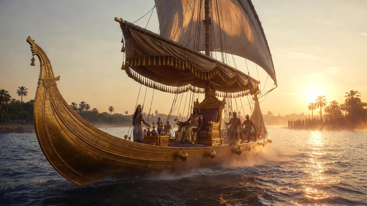 Cleopatra on golden barge in Shakespeare Antony and Cleopatra plot summary
