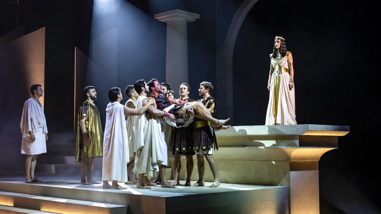 Modern stage production of Shakespeare Antony and Cleopatra final scene