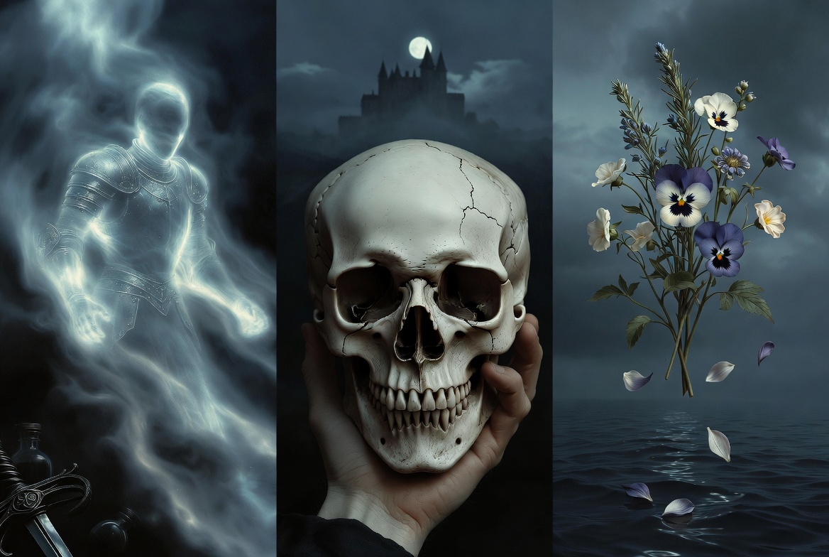 Interconnected symbols of Hamlet — Ghost, Yorick’s skull, and Ophelia’s flowers in Shakespeare’s tragedy