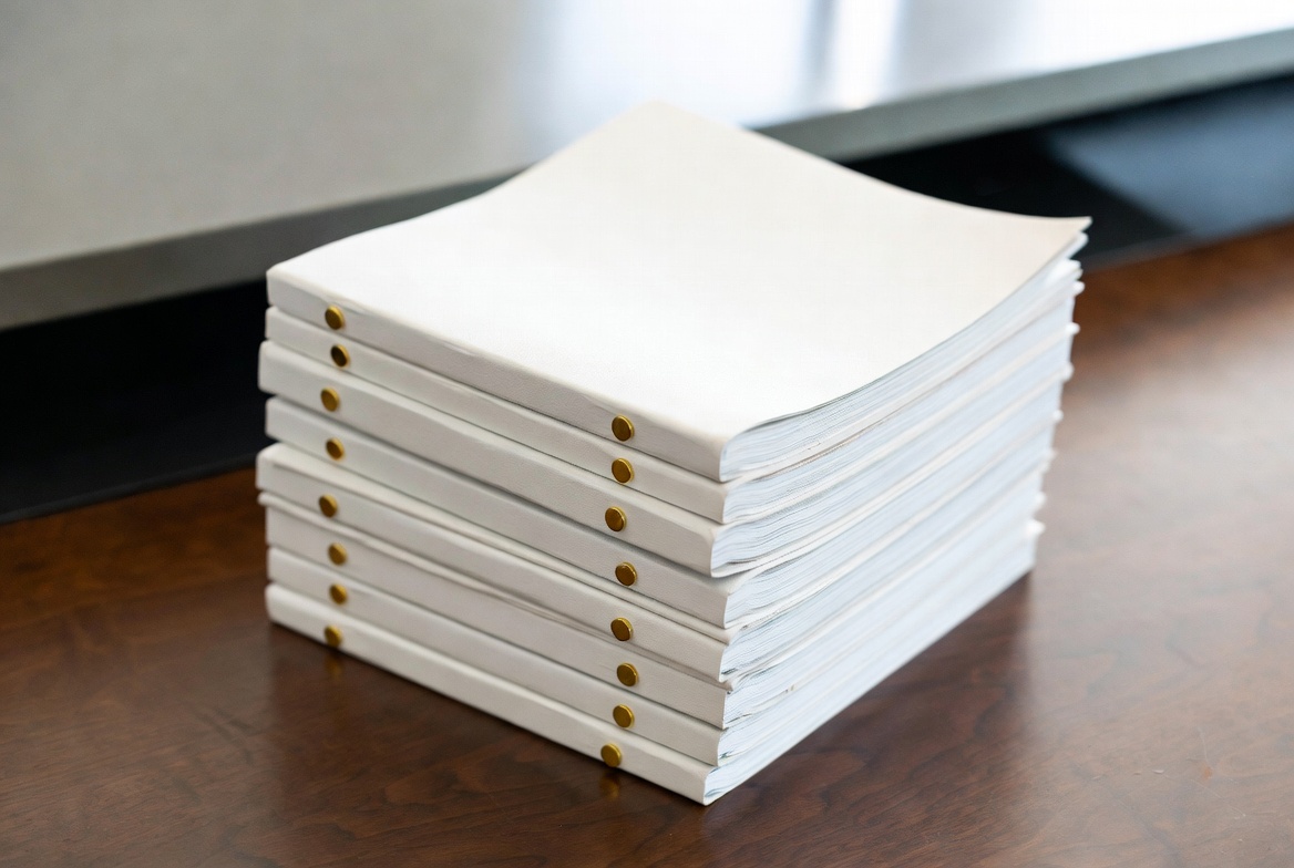 professionally bound screenplays stacked on executive desk showing first impression in screenplay printing