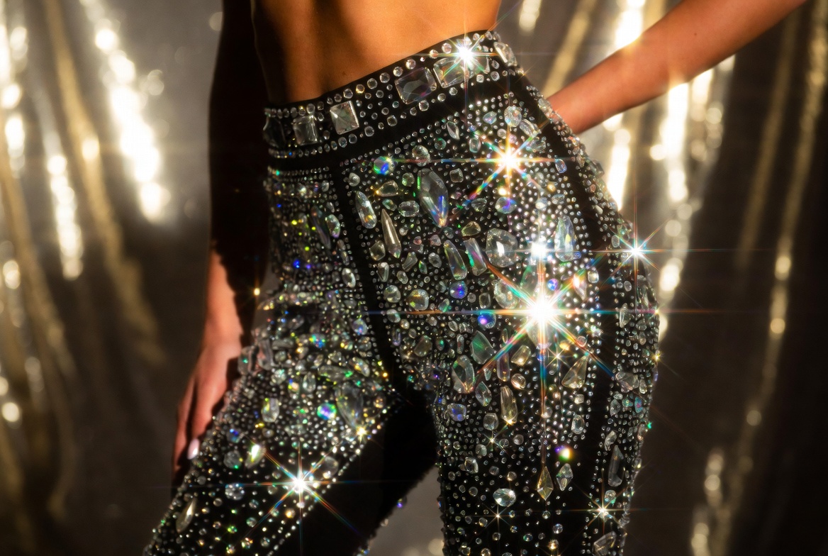 Cleopatra Stone Pants sparkling with dense rhinestone embellishments on model showing stretch fabric design and glamorous appeal