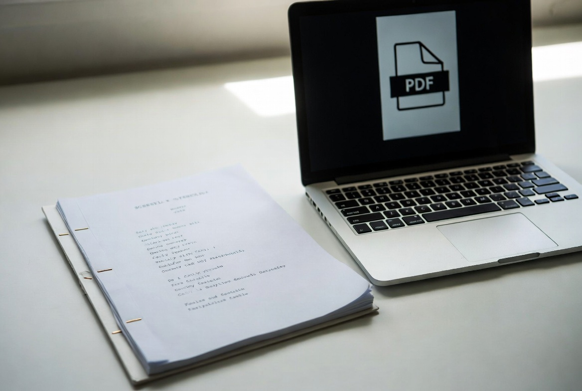 physical bound screenplay next to laptop for digital versus print submission