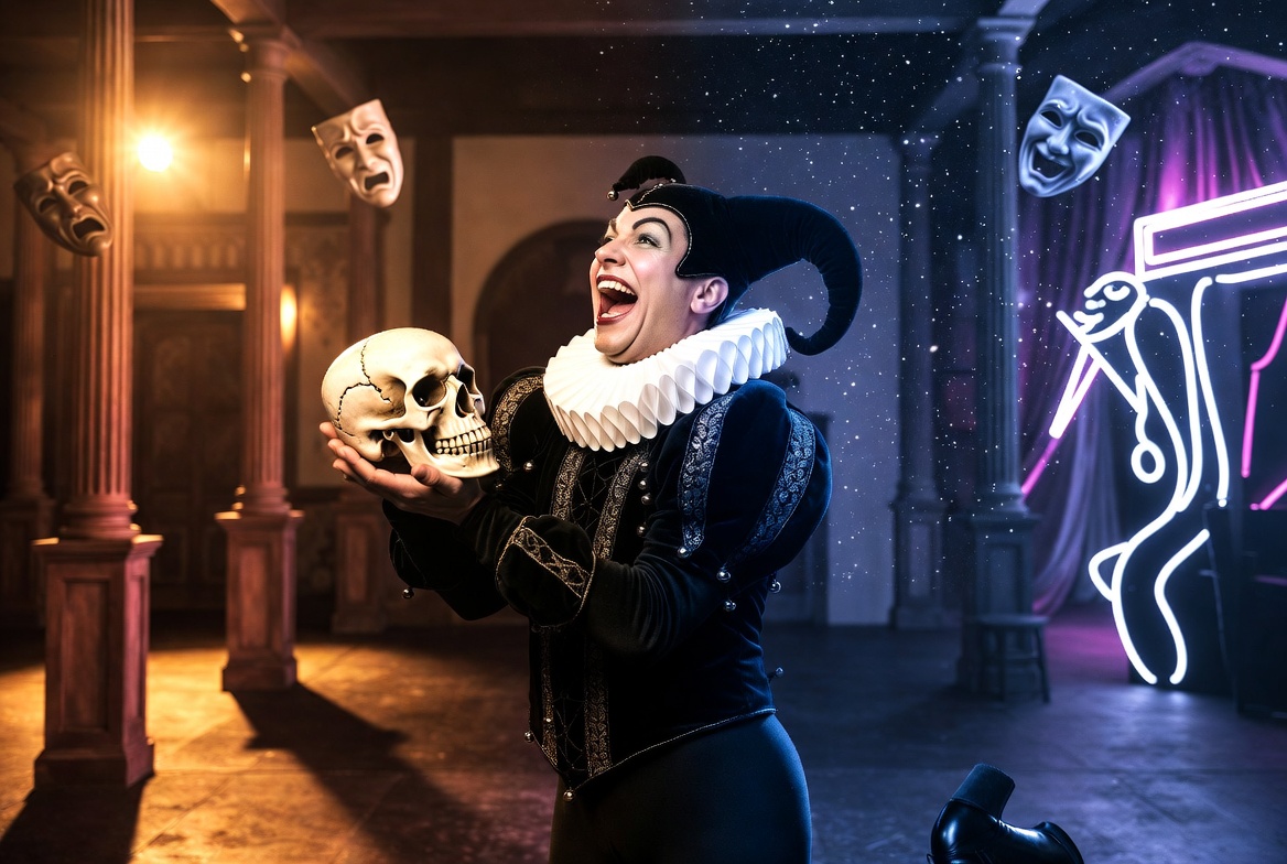 Hugo Hamlet reviving Shakespeare clown and fool tradition with Yorick skull