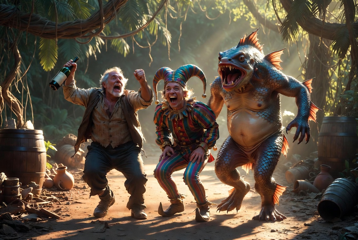 Stephano, Trinculo and Caliban in the drunken rebellion subplot of Shakespeare’s The Tempest