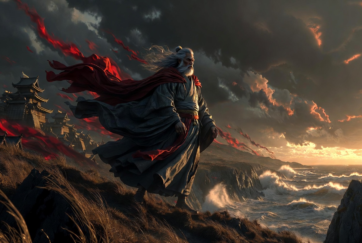 Modern adaptations of King Lear inspired by Akira Kurosawa’s Ran on a stormy cliff at dusk