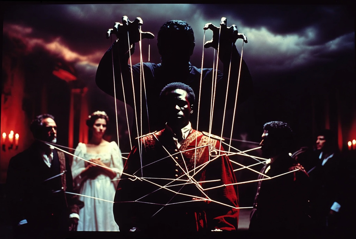 Character relationship web in Shakespeare’s Othello showing Iago’s manipulation of key figures