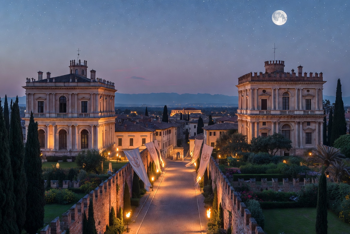 Renaissance Verona Italy at night with feuding Montague and Capulet palaces dramatic torchlight Romeo and Juliet setting