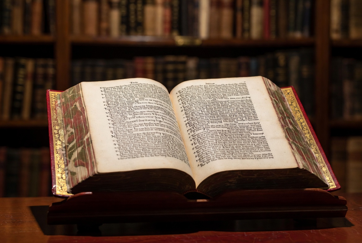 Close-up of Shakespeare Fourth Folio with rare Riviere and Son red morocco binding at Morrow Library Marshall University