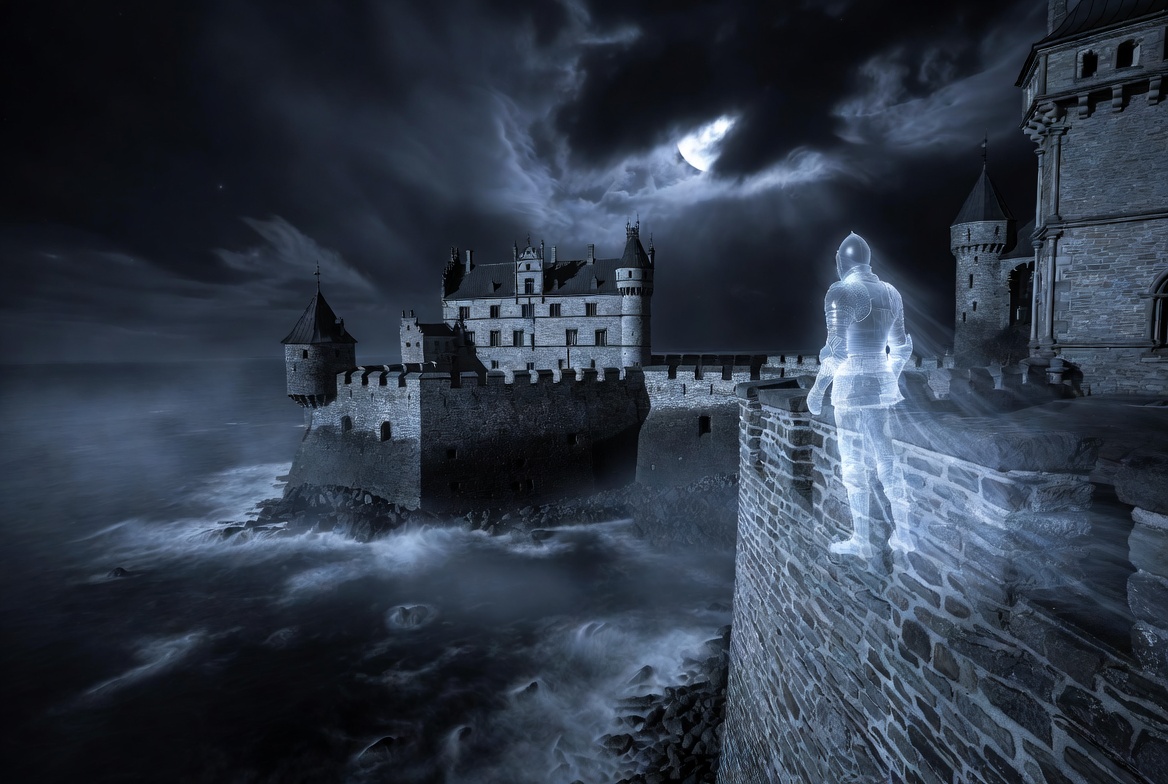 Ghost apparition on Kronborg Castle battlements at night evoking supernatural dread in Hamlet setting