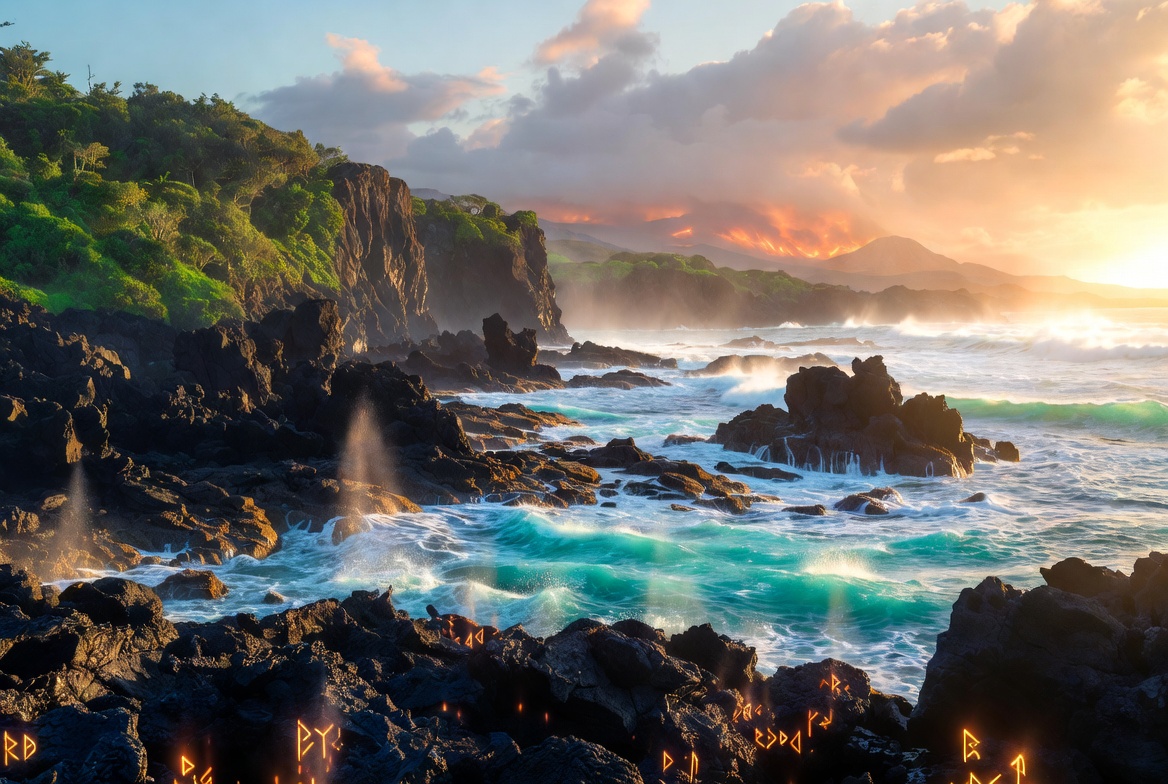 Volcanic island paradise at sunrise with magical effects in Julie Taymor’s The Tempest 2010