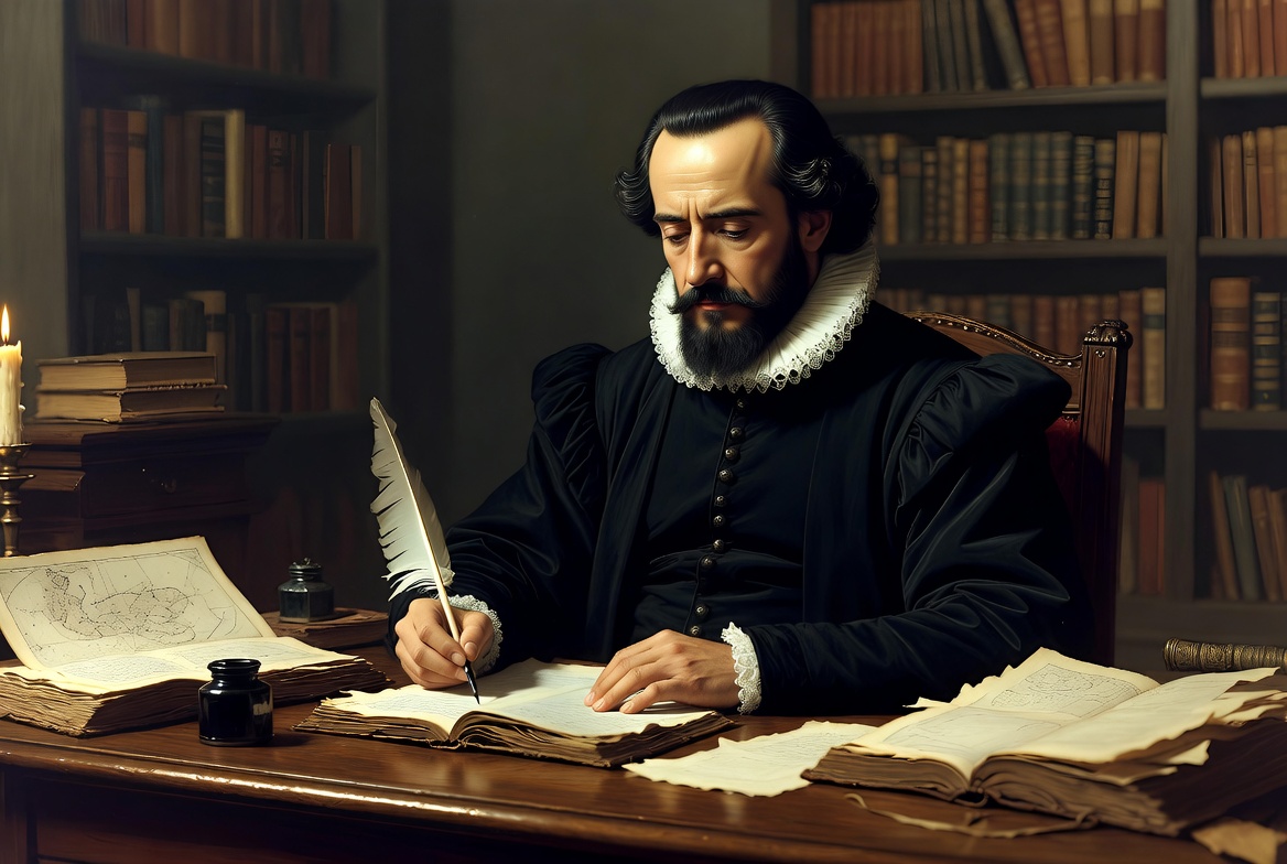 Shakespeare writing King Lear in 1605 historical study scene