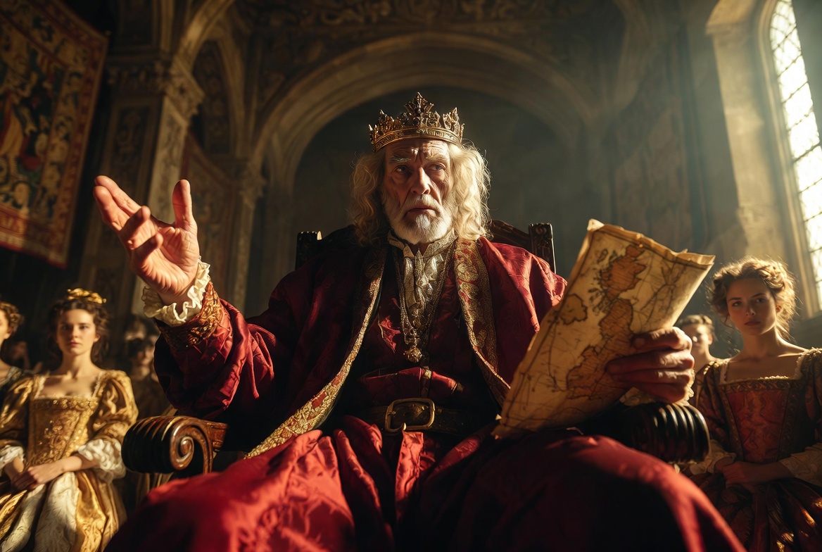 King Lear characterisation: Powerful elderly king on throne dividing his kingdom in Act 1 of Shakespeare’s play