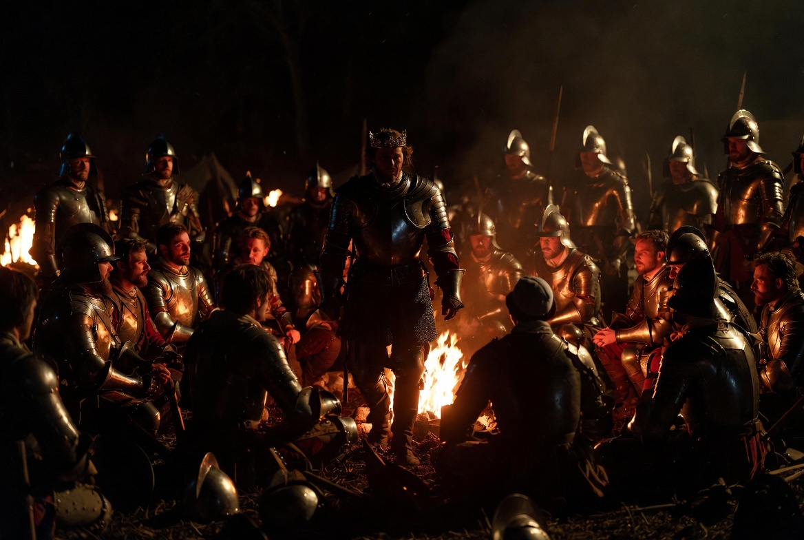 King Henry V building camaraderie with soldiers the night before Agincourt