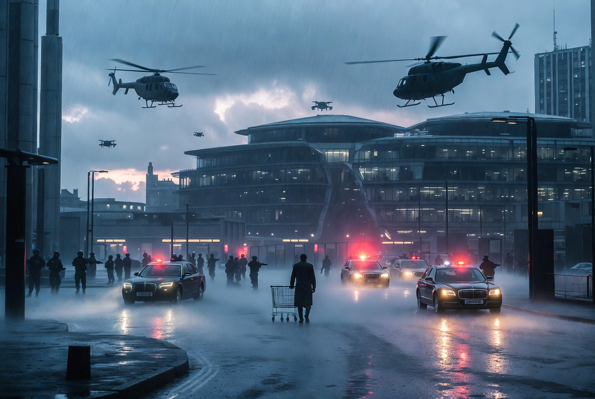 Modern totalitarian London setting in King Lear 2018 film with helicopters