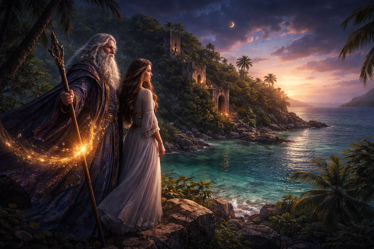 Prospero and Miranda on the enchanted island in The Tempest