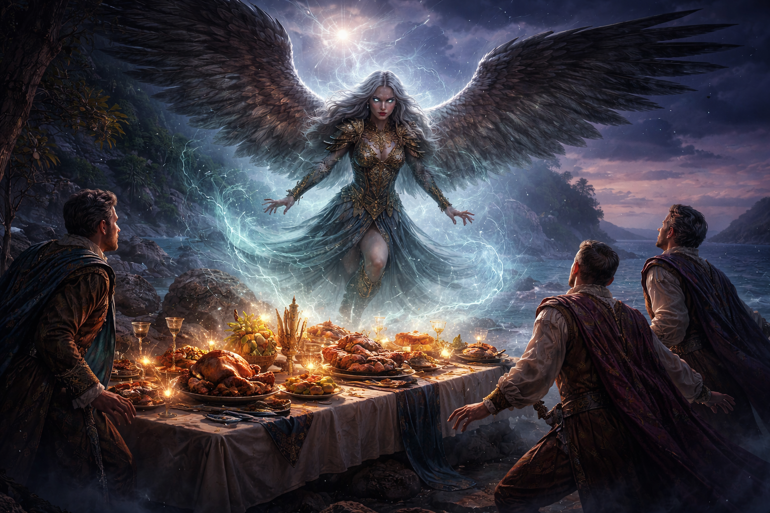 Ariel as harpy confronting nobles at the magical banquet in The Tempest