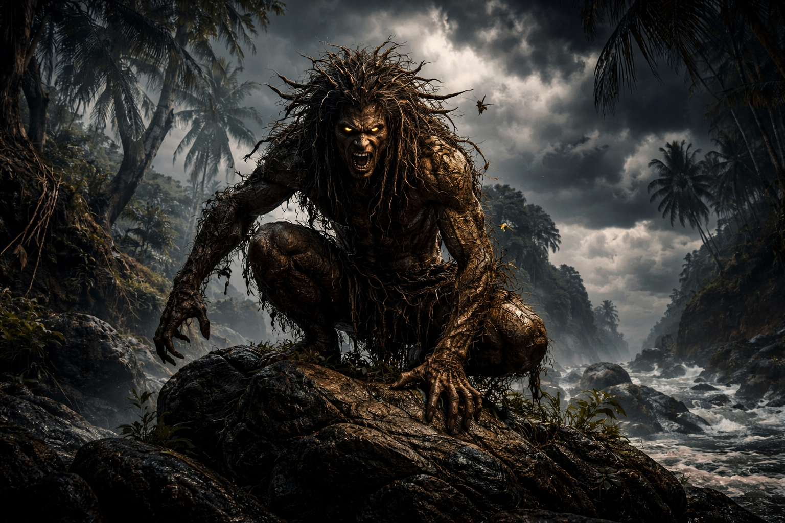 Caliban’s physical appearance as a wild and monstrous island creature in The Tempest
