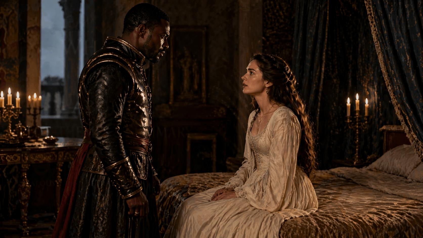 Othello confronting Desdemona in a tense emotional scene inside a Renaissance bedroom