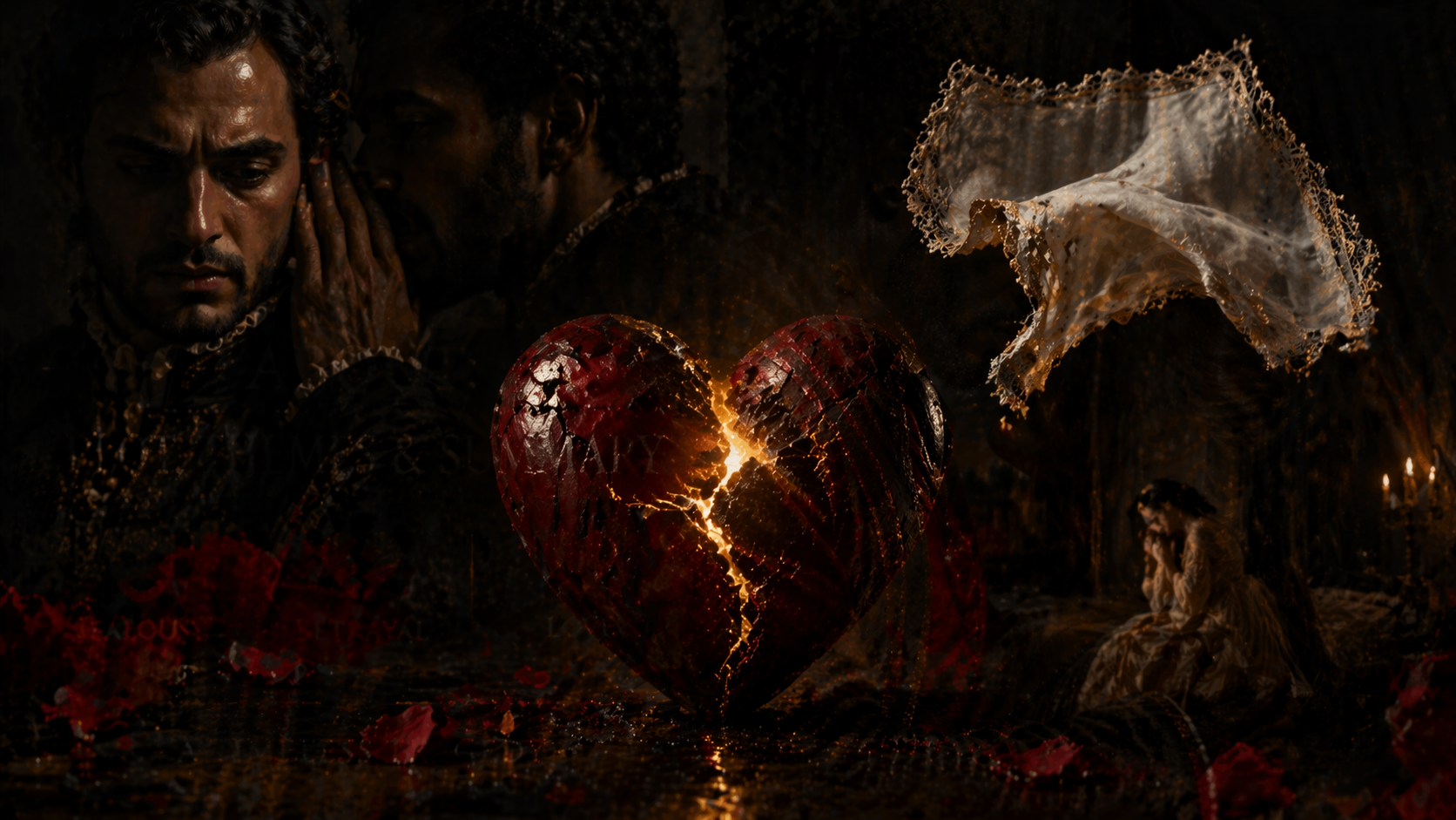 Symbolic depiction of jealousy, betrayal, and love in Othello with dark dramatic elements