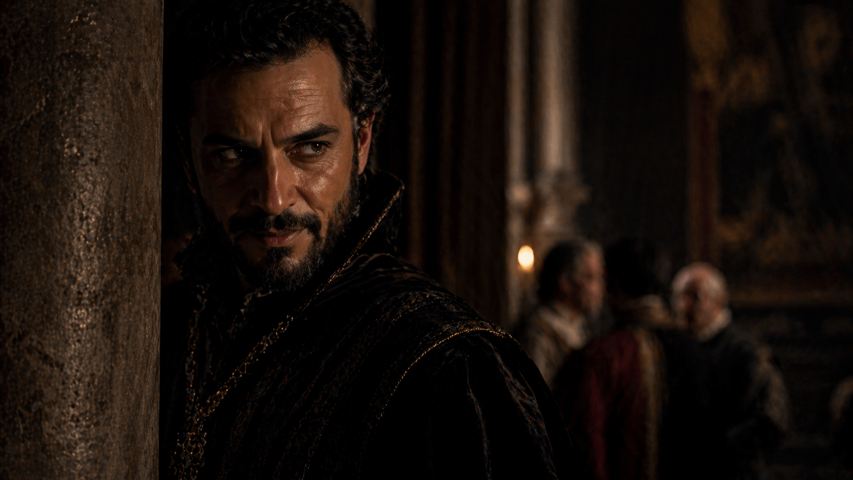 Iago portrayed as a shadowy manipulative figure observing from the background