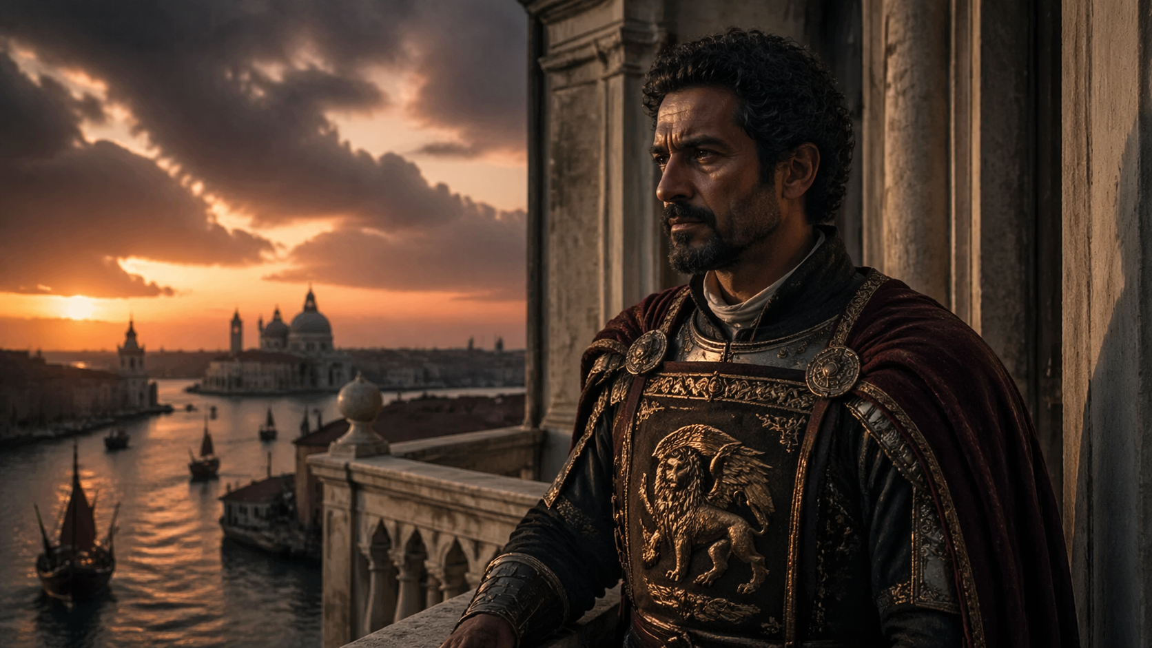 Othello depicted as a conflicted tragic hero in Venetian setting