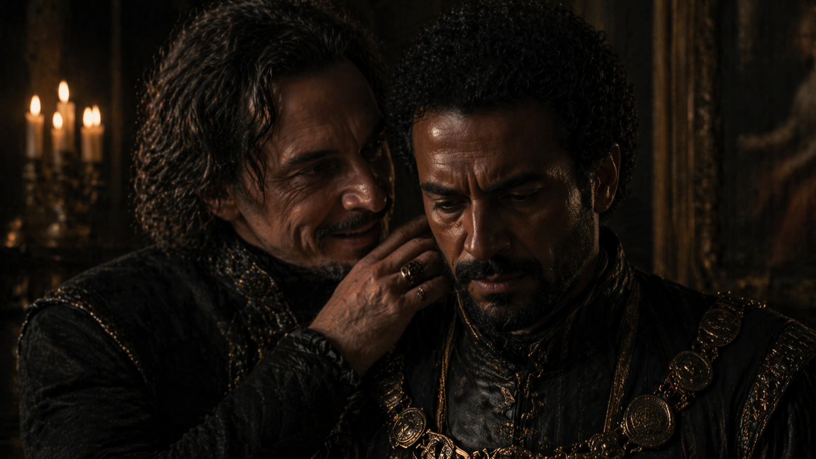 Iago manipulating others in a dark, tense Venetian setting