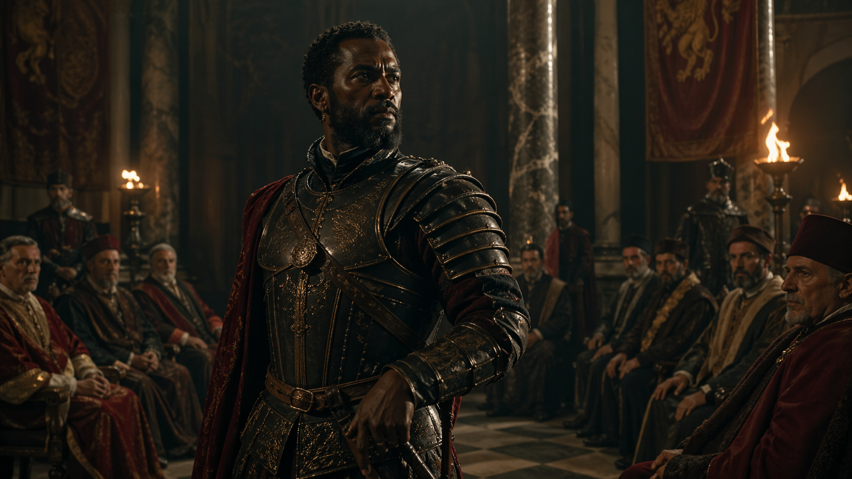 Othello as a powerful military leader in a Renaissance Venetian council chamber