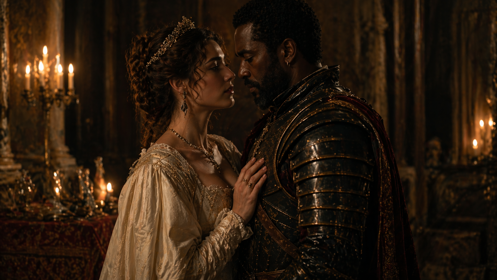 Othello and Desdemona sharing an intimate yet tense moment in candlelight