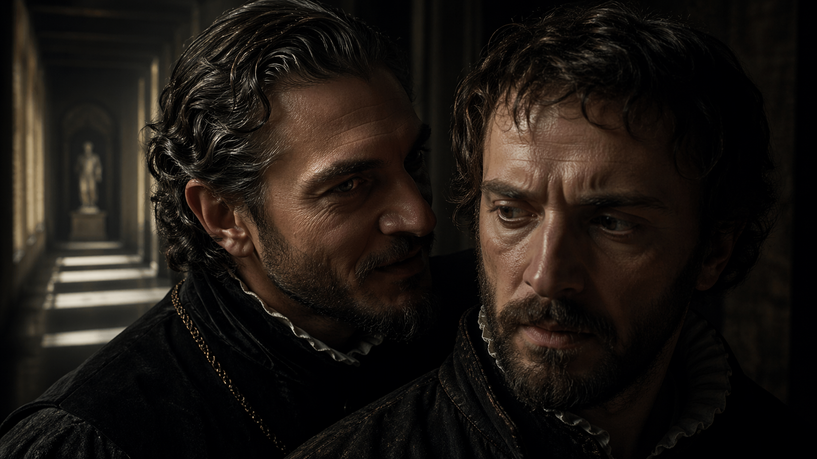 Iago manipulating Othello in a dark Renaissance corridor