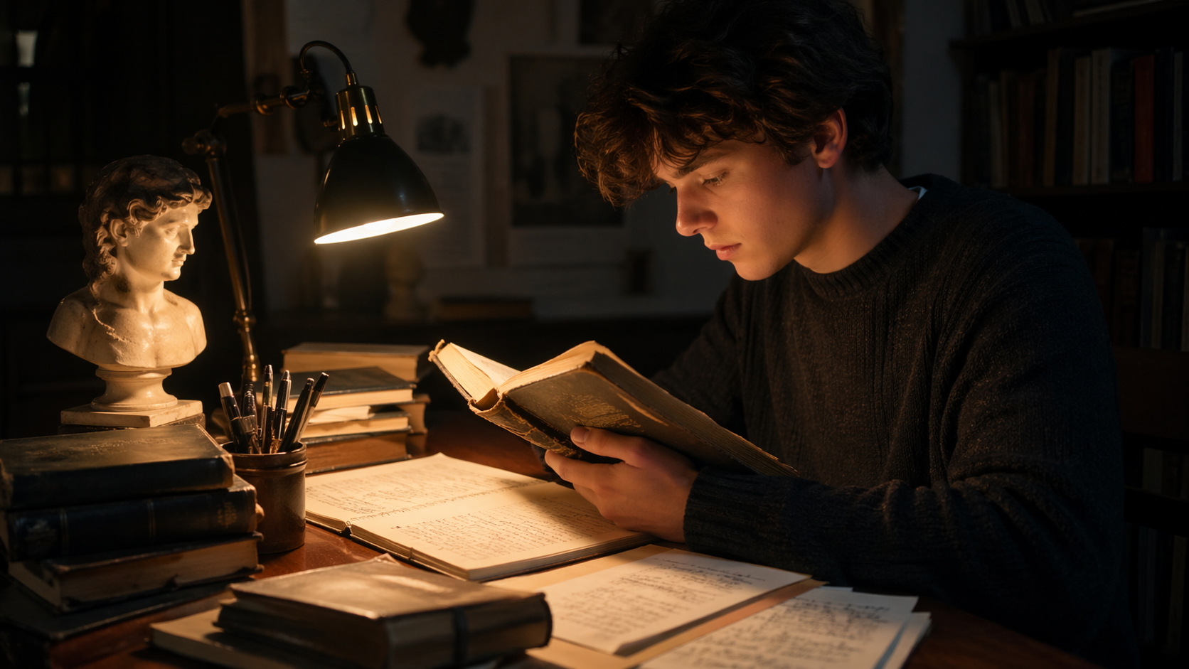 Student studying Romeo and Juliet exam questions with notes and focused atmosphere