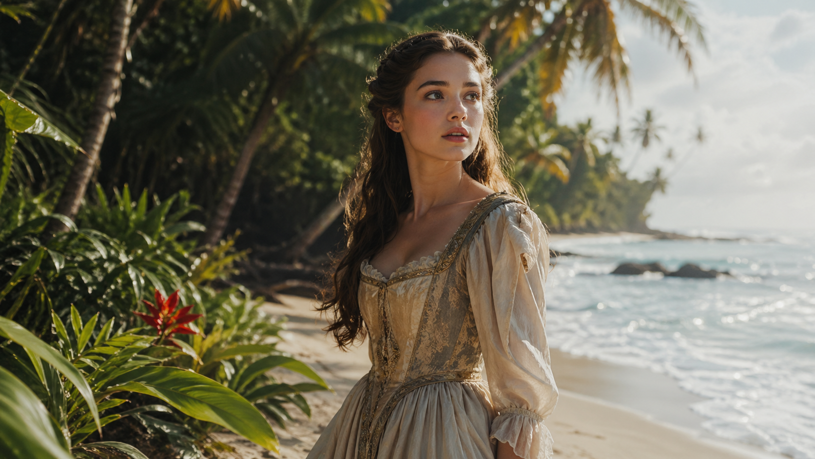 Miranda standing on an island in The Tempest showing innocence and isolation